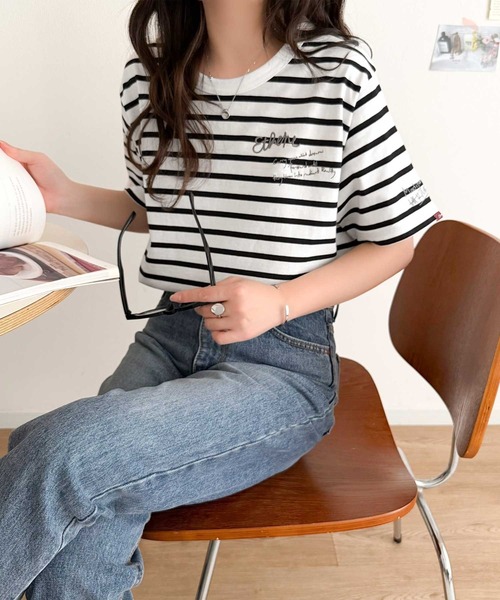 classicalelf(クラシカルエルフ)の「オーガニックコットン使用◎前後ダブル刺繍で、後姿だってぬかりなくかわいい♪ 綿100%グラフィック飛び刺繍Tシャツ (半袖)(Tシャツ/カットソー・レディース・オフホワイト/オートミール/チャコール/その他1/グリーン・X-LARGE/SMALL/MEDIUM/LARGE)」の15枚目の写真