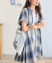 ワンピ風にも、シャツ風にも♪パナマ生地のチェック柄がポイント。フレンチスリーブチェックチュニック