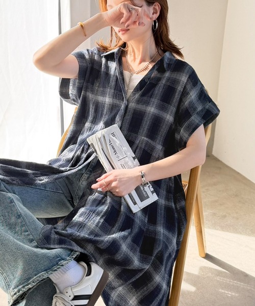 classicalelf(クラシカルエルフ)の「ワンピ風にも、シャツ風にも♪パナマ生地のチェック柄がポイント。フレンチスリーブチェックチュニック(シャツ/ブラウス・レディース・ブルー/ネイビー/ベージュ・MEDIUM/LARGE/X-LARGE/SMALL)」の21枚目の写真