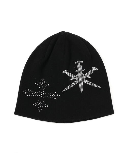 UNKNOWN LONDON（アンノウン・ロンドン）の「UNKNOWNLONDON/アンノウンロンドン/Dagger Cross Rhinestone Beanie（ニットキャップ/ビーニー・レディース・ブラック・F）」の2枚目の写真
