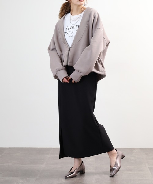 FUNALIVE(ファンアライブ)の「comoely closet ワイドリブ深Vがエッジーな羽織り(その他アウター・レディース・グレー/ブラック・S-M/L-XL)」の3枚目の写真