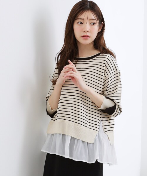 grove(グローブ)の「【洗える/体型カバー】レイヤード風、配色ニットプルオーバー(ニット/セーター・レディース・ホワイト系7/ライトグレー系4/ネイビー系4/ピンク系1・03/02/05/04/01)」の2枚目の写真