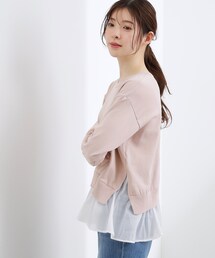 【洗える/体型カバー】レイヤード風、配色ニットプルオーバー