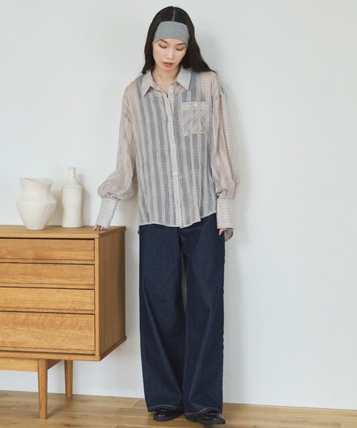 Doux archives(ドゥアルシーヴ)の「【ZOZO限定】チェックシアーボリュームスリーブシャツ(シャツ/ブラウス・レディース・ベージュ/ブラウン/チャコールグレー・FREE)」の6枚目の写真