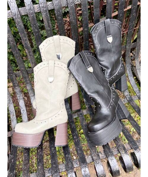 EVRIS（エヴリス）の「【厚底】ウエスタンプラットフォームブーツ（ブーツ・レディース・ブラック/ホワイト・MEDIUM/LARGE/SMALL）」の3枚目の写真