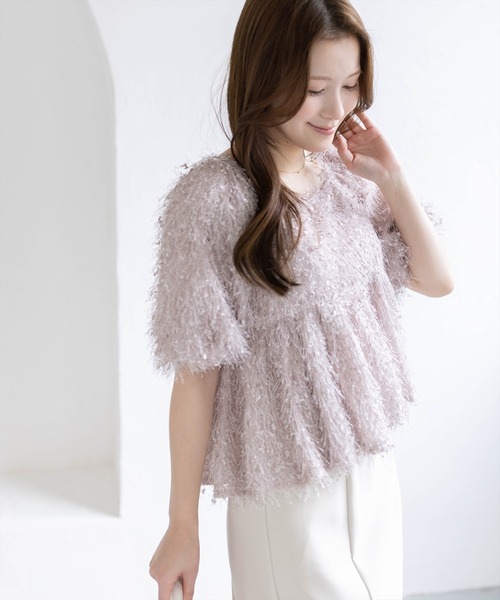 CLEAR BASIC（クリアベーシック）の「2wayフリンジブラウス［骨格ウェーブ/華奢見え/フレアシルエット/フェミニン］（シャツ/ブラウス・レディース・ピンク/アイボリー/グレー・F）」の3枚目の写真