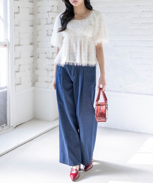 CLEAR BASIC（クリアベーシック）の「2wayフリンジブラウス［骨格ウェーブ/華奢見え/フレアシルエット/フェミニン］（シャツ/ブラウス・レディース・ピンク/アイボリー/グレー・F）」の6枚目の写真