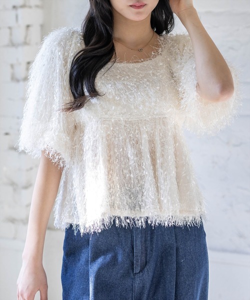 CLEAR BASIC（クリアベーシック）の「2wayフリンジブラウス［骨格ウェーブ/華奢見え/フレアシルエット/フェミニン］（シャツ/ブラウス・レディース・ピンク/アイボリー/グレー・F）」の5枚目の写真