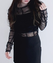シャーリングシアートップス 春服 春 レイヤード ギャザー インナー 透け感 カジュアル シンプル