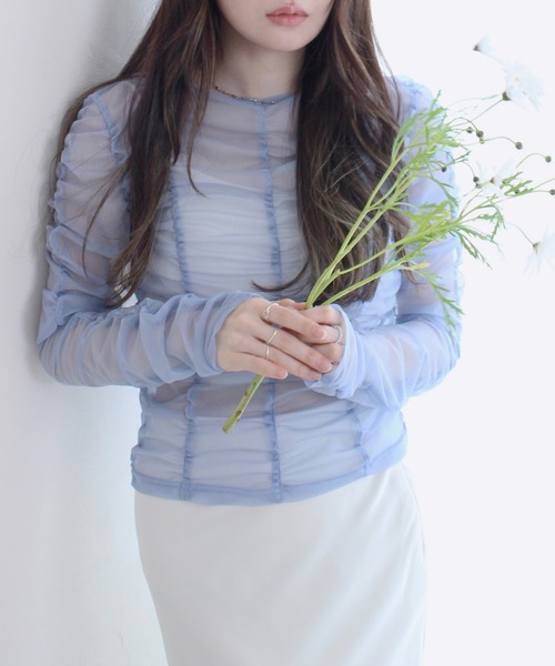 Reurie'(レウリィ)の「シャーリングシアートップス 春服 春 レイヤード ギャザー インナー 透け感 カジュアル シンプル(Tシャツ/カットソー・レディース・ブラック/アイボリー/ブルー・FREE)」の14枚目の写真