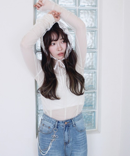 Reurie'(レウリィ)の「シャーリングシアートップス 春服 春 レイヤード ギャザー インナー 透け感 カジュアル シンプル(Tシャツ/カットソー・レディース・ブラック/アイボリー/ブルー・FREE)」の16枚目の写真