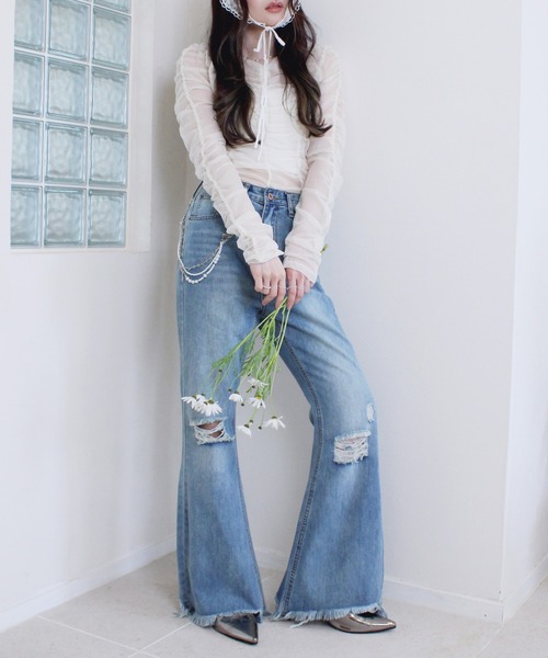 Reurie'(レウリィ)の「シャーリングシアートップス 春服 春 レイヤード ギャザー インナー 透け感 カジュアル シンプル(Tシャツ/カットソー・レディース・ブラック/アイボリー/ブルー・FREE)」の17枚目の写真