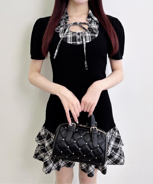 INGNI(イング)の「チェックシャツ半袖ドッキングニットワンピース(ワンピース・レディース・グレー系その他3/ブラック×ブラック・M)」の5枚目の写真