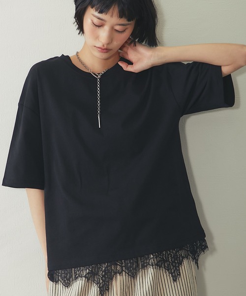 ANOTHER S(アナザーエス)の「裾レースドッキングTシャツ(Tシャツ/カットソー・レディース・ブラック/ブラウン/オフホワイト・FREE)」の1枚目の写真