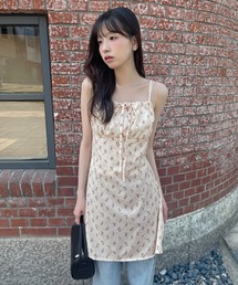 【肩紐調節可能】ラブリー花柄フロントリボンバックストリングレイヤードキャミソールミニワンピース