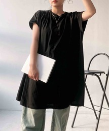 ◯ひんやり リブとシャーリング デザインチュニックワンピ―ス