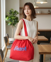 【大容量・軽量】"Beach"ロゴ巾着ショルダーバッグ/4色展開 海・旅行 夏カジュアル マザーズバッグにも