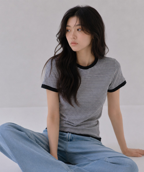 SAYUU(サユ)の「アンバランスストライプ配色Tシャツアイボリー(Tシャツ/カットソー・レディース・アイボリー・FREE)」の2枚目の写真