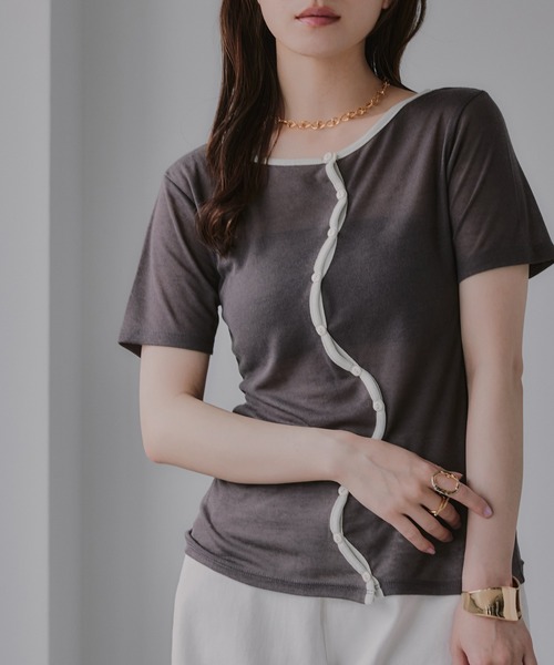 210nouve(トゥージュヌーブ)の「ウェーブボタン バイカラー シアー Tシャツ(Tシャツ/カットソー・レディース・チャコールグレー/グレー/アイボリー/ミント・FREE)」の10枚目の写真