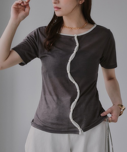 210nouve(トゥージュヌーブ)の「ウェーブボタン バイカラー シアー Tシャツ(Tシャツ/カットソー・レディース・チャコールグレー/グレー/アイボリー/ミント・FREE)」の12枚目の写真