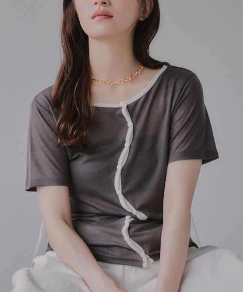 210nouve(トゥージュヌーブ)の「ウェーブボタン バイカラー シアー Tシャツ(Tシャツ/カットソー・レディース・チャコールグレー/グレー/アイボリー/ミント・FREE)」の13枚目の写真