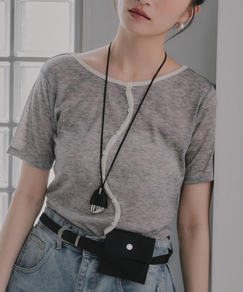 210nouve(トゥージュヌーブ)の「ウェーブボタン バイカラー シアー Tシャツ(Tシャツ/カットソー・レディース・チャコールグレー/グレー/アイボリー/ミント・FREE)」の16枚目の写真