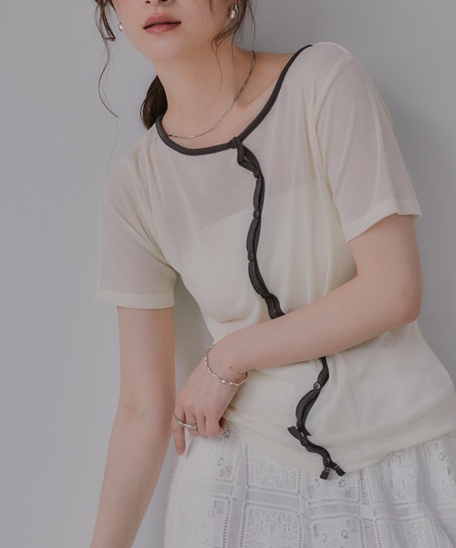 210nouve(トゥージュヌーブ)の「ウェーブボタン バイカラー シアー Tシャツ(Tシャツ/カットソー・レディース・チャコールグレー/グレー/アイボリー/ミント・FREE)」の7枚目の写真