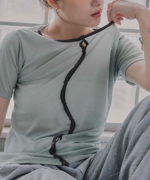 210nouve(トゥージュヌーブ)の「ウェーブボタン バイカラー シアー Tシャツ(Tシャツ/カットソー・レディース・チャコールグレー/グレー/アイボリー/ミント・FREE)」の20枚目の写真