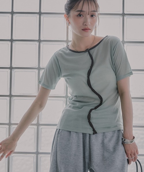 210nouve(トゥージュヌーブ)の「ウェーブボタン バイカラー シアー Tシャツ(Tシャツ/カットソー・レディース・チャコールグレー/グレー/アイボリー/ミント・FREE)」の19枚目の写真