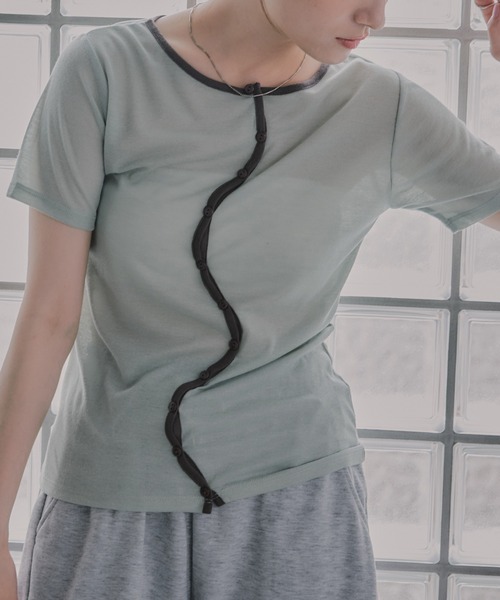 210nouve(トゥージュヌーブ)の「ウェーブボタン バイカラー シアー Tシャツ(Tシャツ/カットソー・レディース・チャコールグレー/グレー/アイボリー/ミント・FREE)」の21枚目の写真
