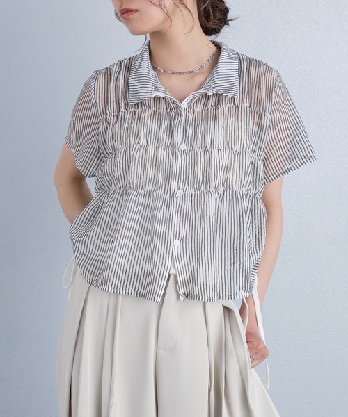 murea(ミュレア)の「シアーメッシュシャーリング半袖シャツ(シャツ/ブラウス・レディース・ストライプ/ブラック・FREE)」の3枚目の写真