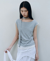 CACELE（カッセル）の「LAYERED NECK STRAP T-SHIRT, MELANGE GRAY（Tシャツ/カットソー）」