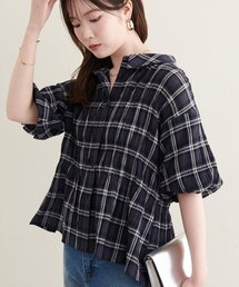 シャーリングデザインチェックブラウス