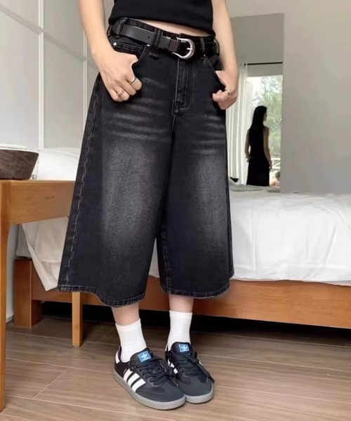 WESTSEA(ウエストシー)の「ヴィンテージウォッシュ ワイドデニムハーフパンツ / バミューダパンツ(デニムパンツ・レディース・ブラック・L/M)」の2枚目の写真