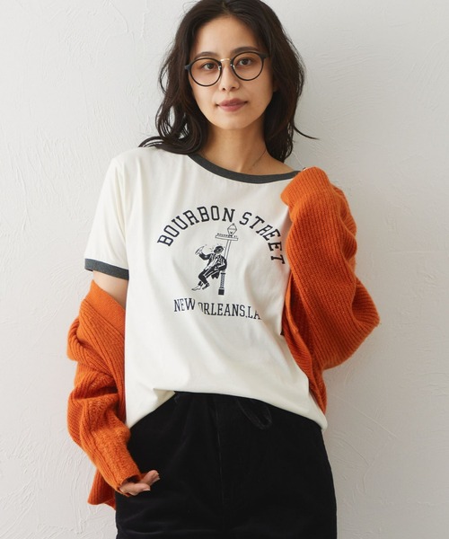 EDWIN(エドウィン)の「EDWIN LADIES リンガーTシャツ 【半袖】(Tシャツ/カットソー・レディース・ブラウン/ブルー/ホワイト・SMALL/MEDIUM)」の1枚目の写真
