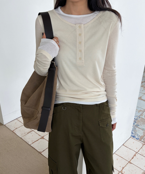 PLAC WOMEN(プレイス・ウィメン)の「レイヤードヘンリーロングスリーブイエロー(Tシャツ/カットソー・レディース・イエロー・O/S)」の2枚目の写真