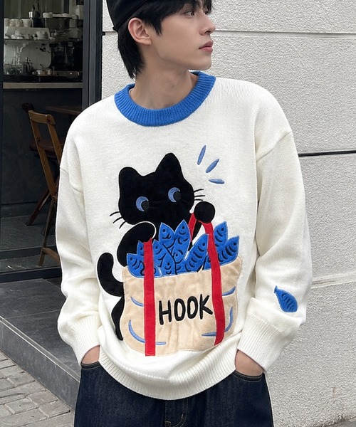 HOOK(フック)の「HOOK -original- 「あれ?魚1本足りない」パッチワークニットプルオーバー(ニット/セーター・メンズ・ホワイト・L/M/XL)」の1枚目の写真