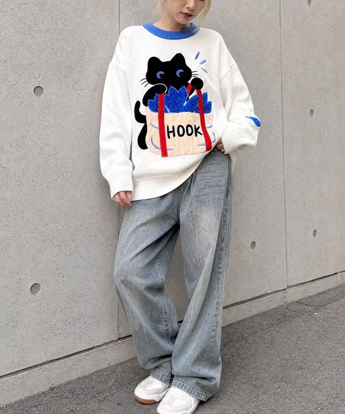 HOOK(フック)の「HOOK -original- 「あれ?魚1本足りない」パッチワークニットプルオーバー(ニット/セーター・メンズ・ホワイト・L/M/XL)」の3枚目の写真