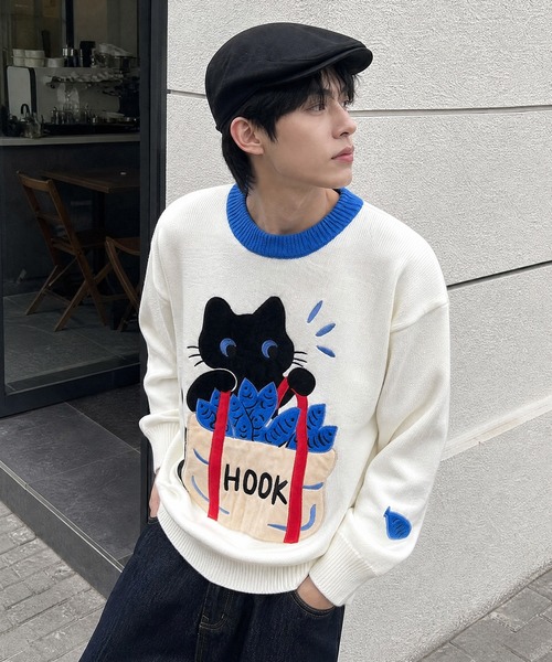 HOOK(フック)の「HOOK -original- 「あれ?魚1本足りない」パッチワークニットプルオーバー(ニット/セーター・メンズ・ホワイト・L/M/XL)」の4枚目の写真