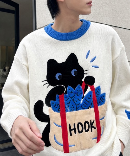 HOOK(フック)の「HOOK -original- 「あれ?魚1本足りない」パッチワークニットプルオーバー(ニット/セーター・メンズ・ホワイト・L/M/XL)」の5枚目の写真