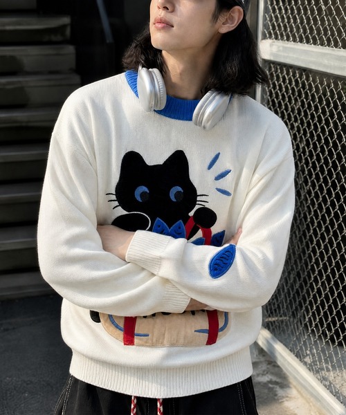 HOOK(フック)の「HOOK -original- 「あれ?魚1本足りない」パッチワークニットプルオーバー(ニット/セーター・メンズ・ホワイト・L/M/XL)」の8枚目の写真