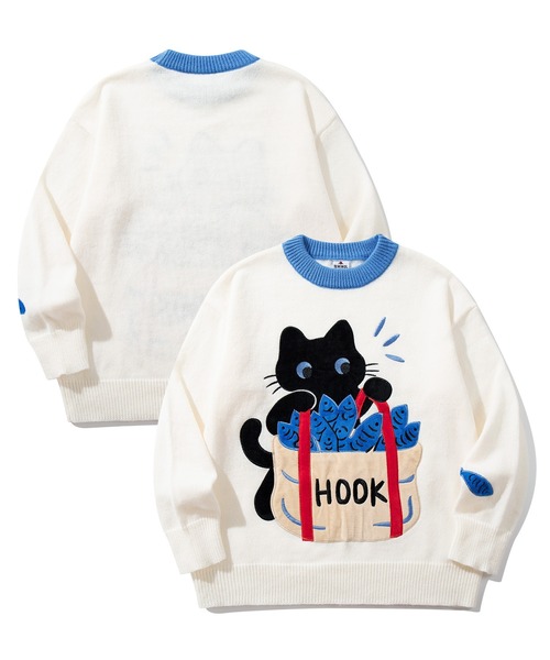 HOOK(フック)の「HOOK -original- 「あれ?魚1本足りない」パッチワークニットプルオーバー(ニット/セーター・メンズ・ホワイト・L/M/XL)」の2枚目の写真