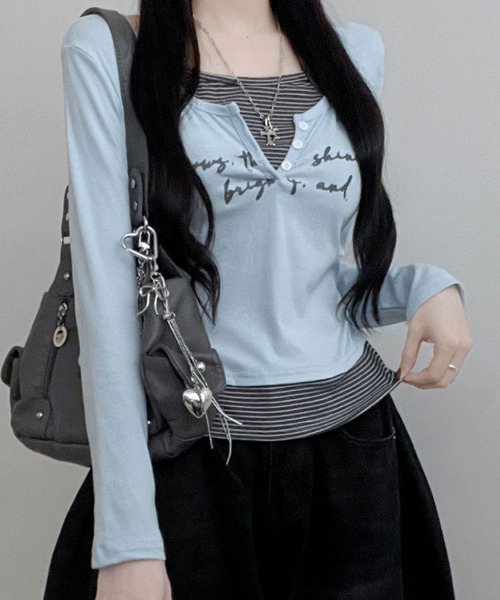 VIVID LADY(ビビッドレディー)の「ボーダー ホルターネックドッキング 長袖トップス(Tシャツ/カットソー・レディース・グレー/アイボリー/ライトブルー/ブラック・FREE)」の4枚目の写真