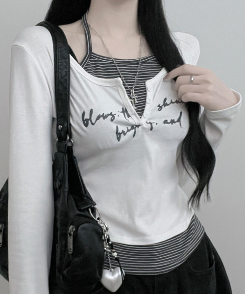 VIVID LADY(ビビッドレディー)の「ボーダー ホルターネックドッキング 長袖トップス(Tシャツ/カットソー・レディース・グレー/アイボリー/ライトブルー/ブラック・FREE)」の18枚目の写真