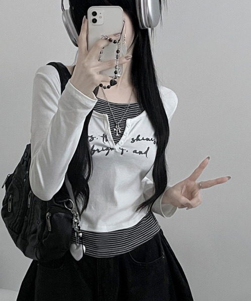 VIVID LADY(ビビッドレディー)の「ボーダー ホルターネックドッキング 長袖トップス(Tシャツ/カットソー・レディース・グレー/アイボリー/ライトブルー/ブラック・FREE)」の19枚目の写真