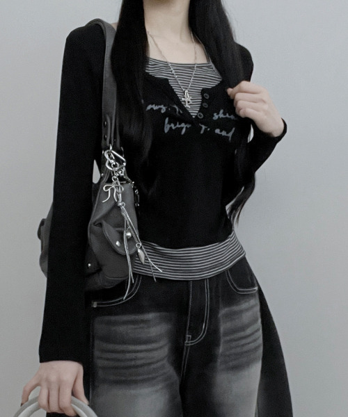 VIVID LADY(ビビッドレディー)の「ボーダー ホルターネックドッキング 長袖トップス(Tシャツ/カットソー・レディース・グレー/アイボリー/ライトブルー/ブラック・FREE)」の6枚目の写真