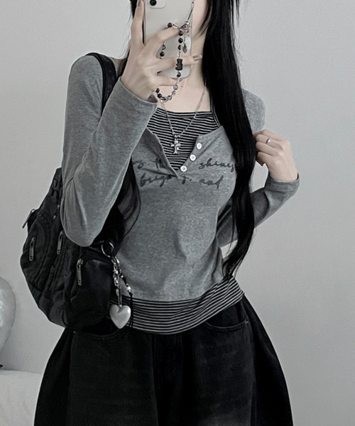 VIVID LADY(ビビッドレディー)の「ボーダー ホルターネックドッキング 長袖トップス(Tシャツ/カットソー・レディース・グレー/アイボリー/ライトブルー/ブラック・FREE)」の13枚目の写真