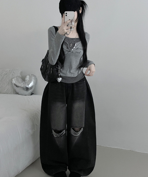 VIVID LADY(ビビッドレディー)の「ボーダー ホルターネックドッキング 長袖トップス(Tシャツ/カットソー・レディース・グレー/アイボリー/ライトブルー/ブラック・FREE)」の14枚目の写真