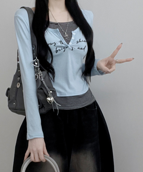 VIVID LADY(ビビッドレディー)の「ボーダー ホルターネックドッキング 長袖トップス(Tシャツ/カットソー・レディース・グレー/アイボリー/ライトブルー/ブラック・FREE)」の17枚目の写真