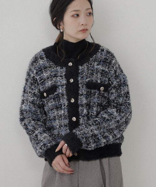 Miunelora（ミューネローラ）の「Miunelora テープヤーンツイードニットカーディガン（カーディガン/ボレロ・レディース・モカ/ネイビー/ブラック・38）」の8枚目の写真
